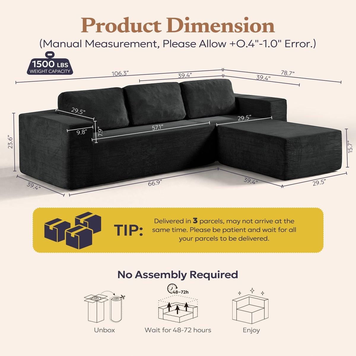 106-Inch Black Corduroy Modular Cloud Sectional Sofa with Reversible Chaise