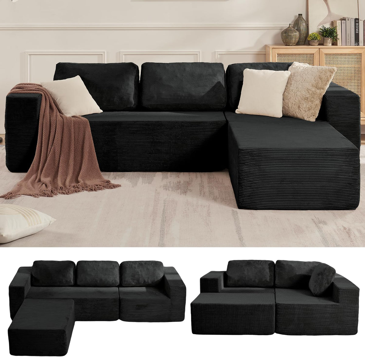 106-Inch Black Corduroy Modular Cloud Sectional Sofa with Reversible Chaise