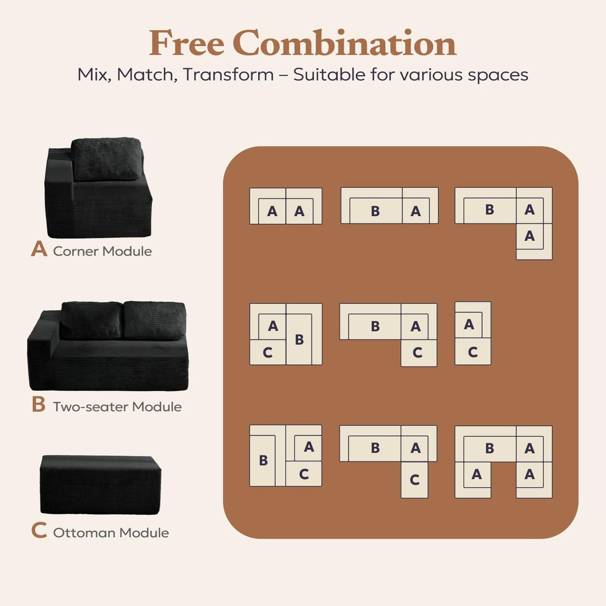 106-Inch Black Corduroy Modular Cloud Sectional Sofa with Reversible Chaise