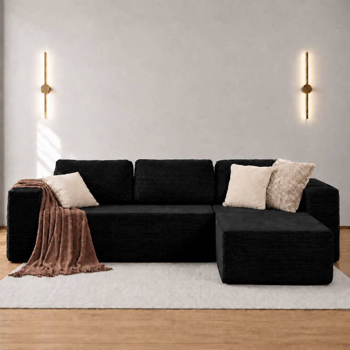 106-Inch Black Corduroy Modular Cloud Sectional Sofa with Reversible Chaise